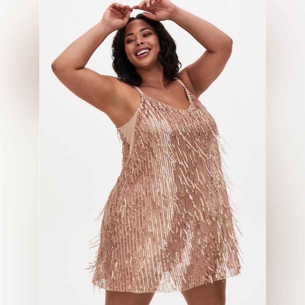 PLUS NWT Gold Sequin Fringe Mini Dress